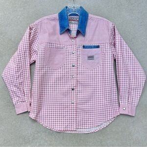 Vintage Andrews Blue Jeans Pink Plaid Long Sleeve Button Front Collared Shirt